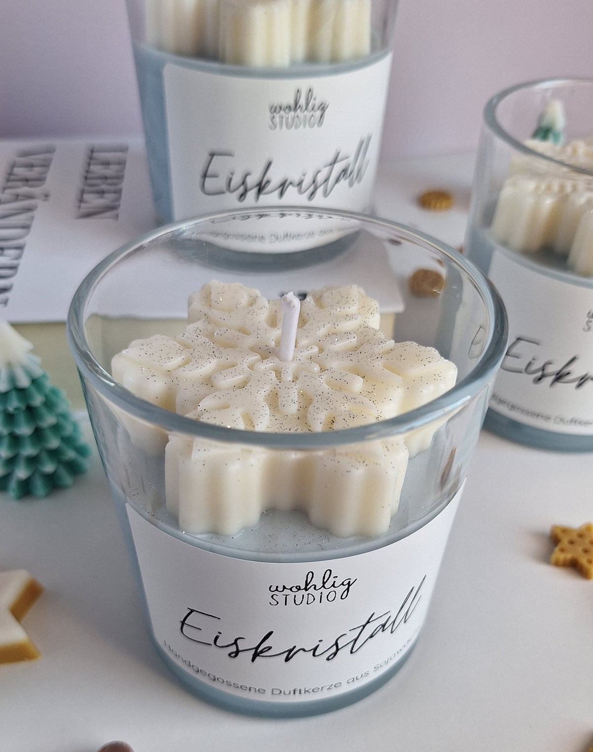 Duftkerze Eiskristall - frische Winterkerze mit Schneeflocke